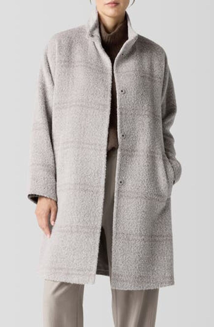 Eileen Fisher Textured Heather Grey High Collar Long Coat Size S - Picture 1 of 4